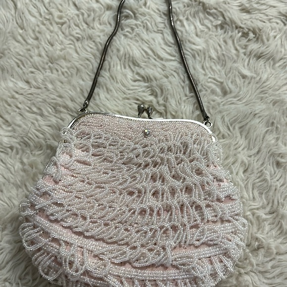 Handbags - Beaded special Occasion purse kiss lock blush with gold hardware